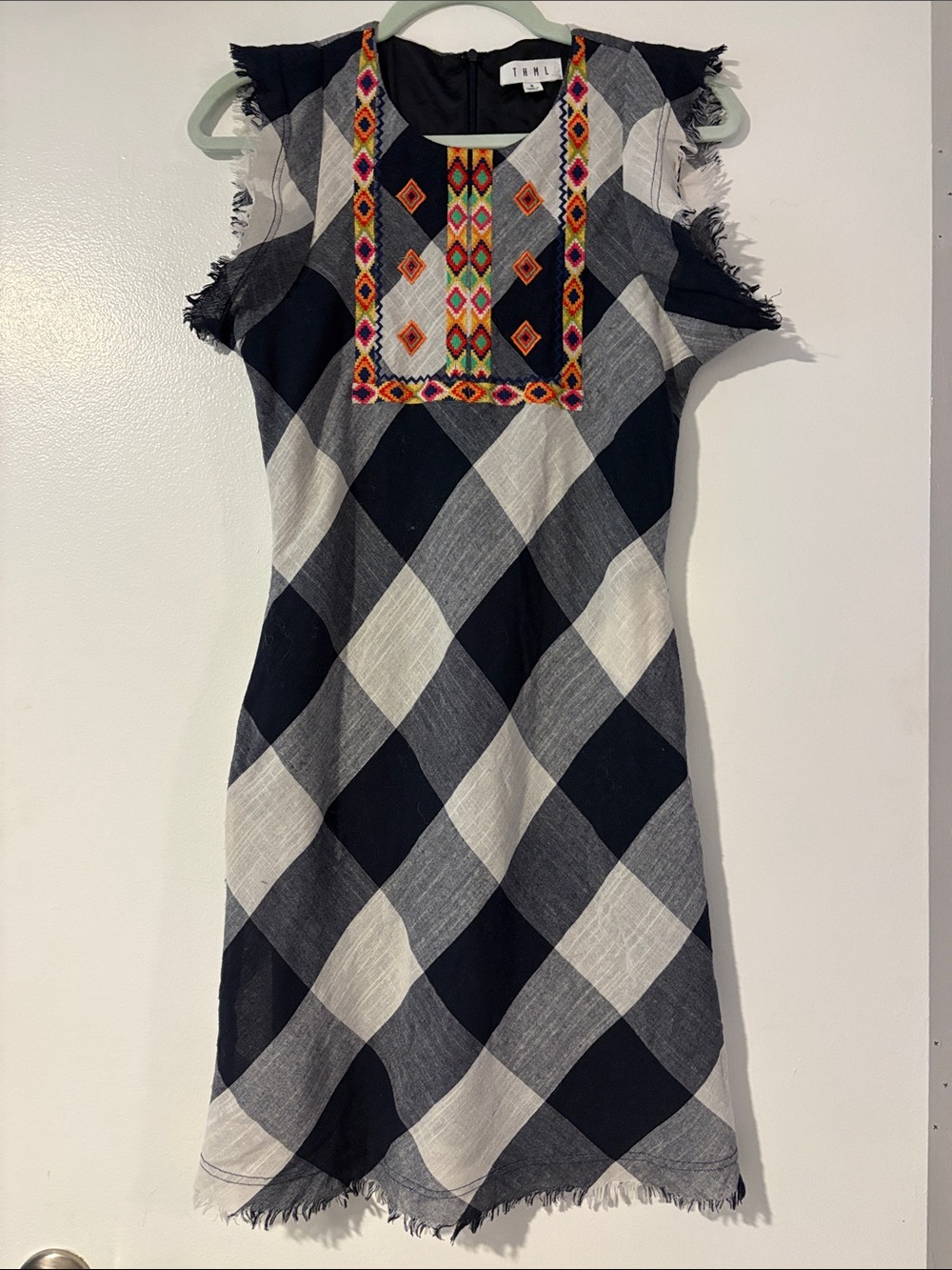THML Black & White Plaid Dress with Colorful Embroidered Yoke- worn 1x